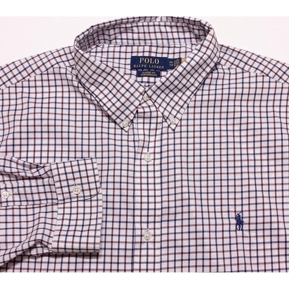 POLO RALPH LAUREN Performance Long Sleeve Button Shirt Red‎ Blue Checks XXL 2XL